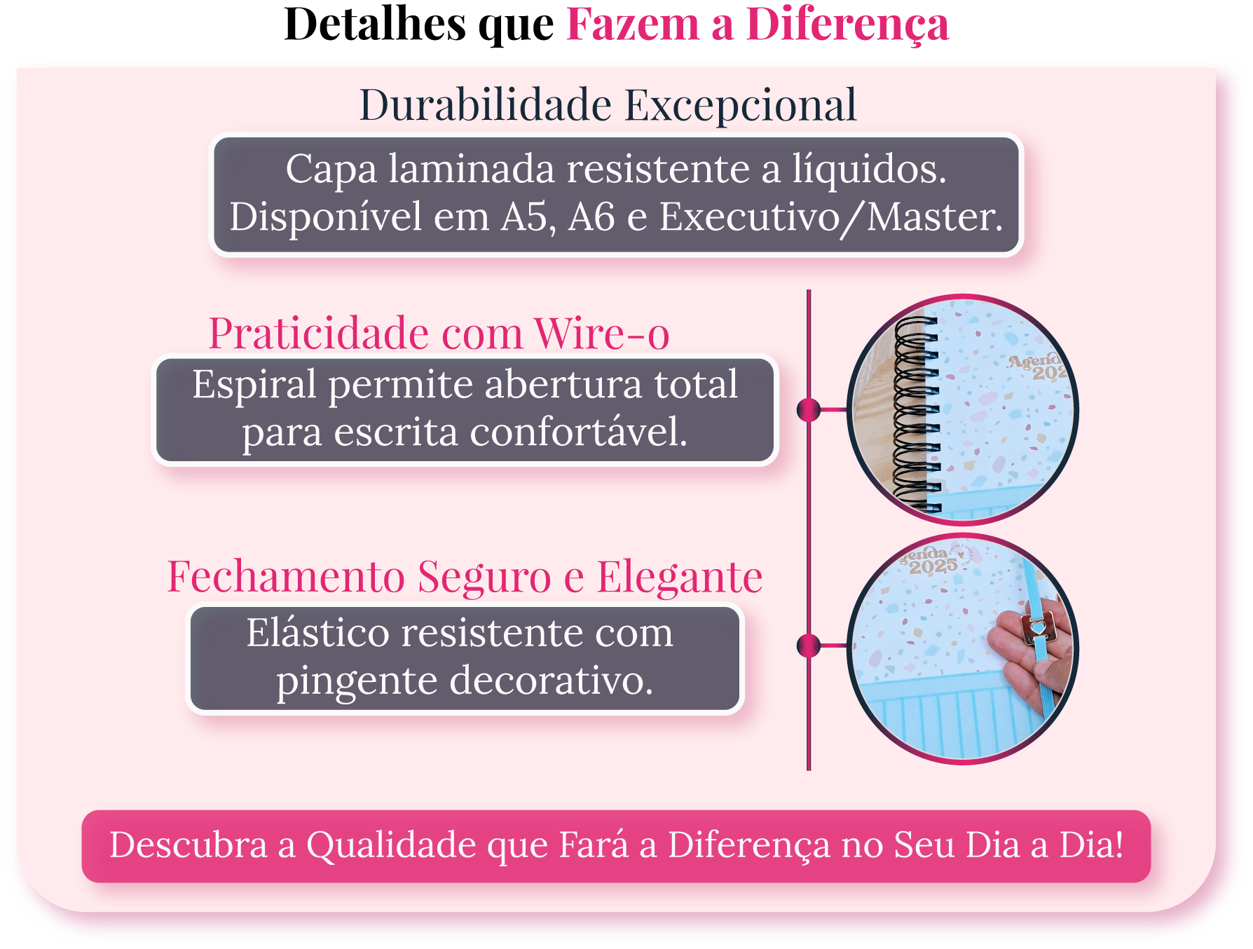 Detalhes da agenda personalizada A18: capa laminada resistente a líquidos, espiral Wire-o e fechamento com elástico com pingente decorativo.